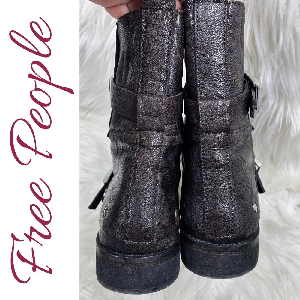 Free People Outsider Leather Double Buckle Moto Combat Boots Black Studded EU 39